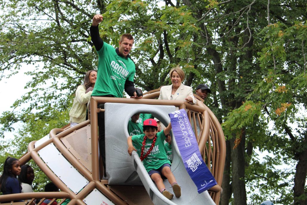 Rob Gronkowski and Governor Maura Healey on Slide (Photo_ Drew Dobeck)
